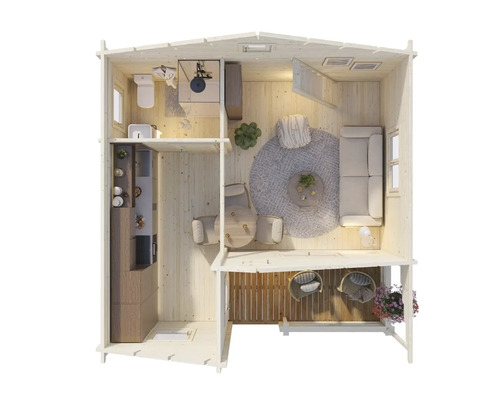 Innenansicht eines Holzhauses mit Bad, Küche, Wohnbereich und Terrasse