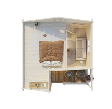 Draufsicht eines Holzhauses mit Schlafzimmer, Wohnzimmer und Balkon