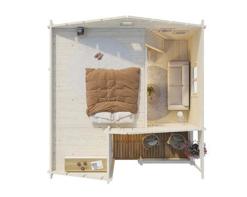 Draufsicht eines Holzhauses mit Schlafzimmer, Wohnzimmer und Balkon