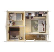 Grundriss eines Gartenhauses mit Schlafzimmer, Küche und Wohnzimmer