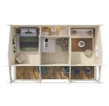 Grundriss eines Holzhauses mit Schlafzimmer, Bad, Küche, Esszimmer, Wohnzimmer und Veranda