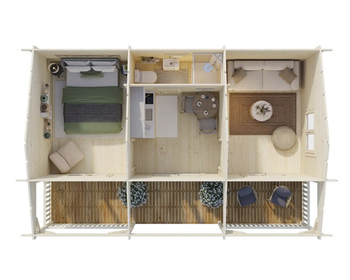 Grundriss eines Holzhauses mit Schlafzimmer, Bad, Küche, Esszimmer, Wohnzimmer und Veranda