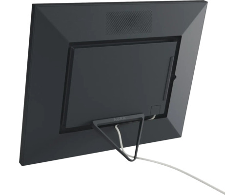 Rückansicht eines digitalen Bilderrahmens von Aura mit integriertem Standfuß und Netzkabel.