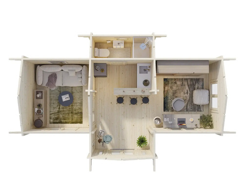 Draufsicht eines Gartenhauses mit Wohnzimmer, Bad, Küche und Schlafzimmer