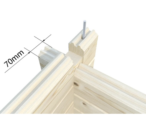 Detailansicht einer Holzecke mit einer Maßangabe von 70 mm und einer Gewindestange