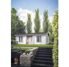 Gartenhaus mit Fenstern und Tür in einem gepflegten Garten