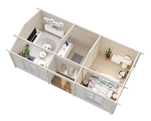 Draufsicht eines Holzhauses mit Wohnzimmer, Bad und Schlafzimmer