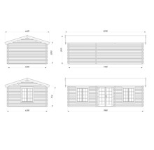 Zeichnung eines Gartenhauses mit Maßangaben