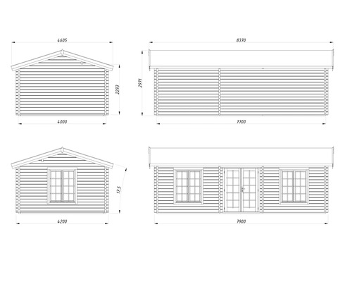 Zeichnung eines Gartenhauses mit Maßangaben