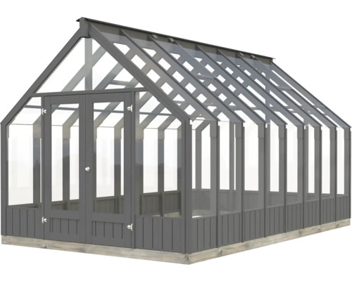 Gewächshaus mit Glaswänden und grauem Rahmen