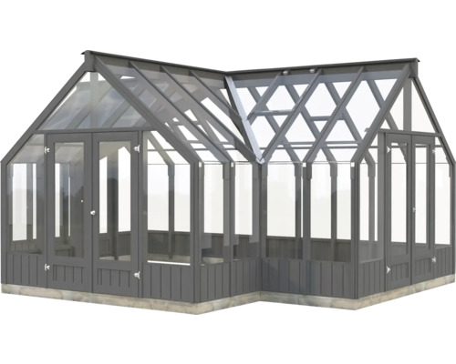 Gewächshaus mit Glasfront und Holzrahmen