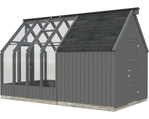 Gewächshaus mit Geräteschuppen aus Holz und Glas