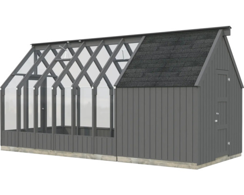 Gewächshaus mit Anbau aus Holz und Glas