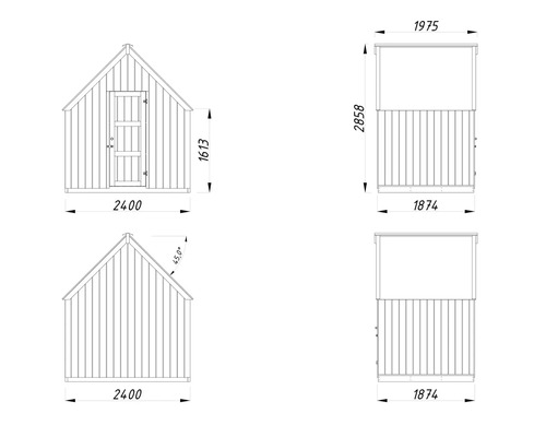 Technische Zeichnung eines Gartenhauses mit Maßen
