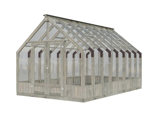 Gewächshaus mit Holzrahmen und transparenten Wänden