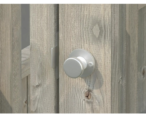 Detailansicht eines silberfarbenen Türknaufs an einer Holztür