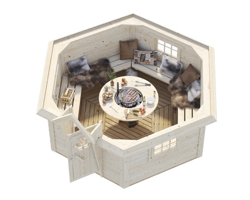 Holz Grillkota mit Grilltisch, Sitzbänken und Kissen für gemütliche Grillabende