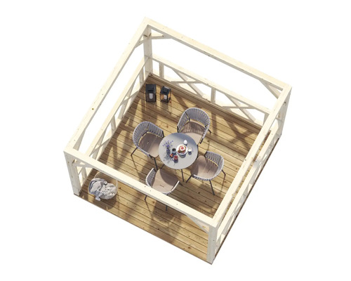 Holzterrasse mit Pavillon, Tisch und Stühlen