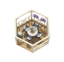 Hexagonaler Pavillon mit Tisch und Stühlen auf einer Holzterrasse