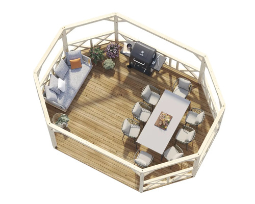 Aufsicht auf eine hölzerne Gartenlaube mit Sitzmöbeln und Grill