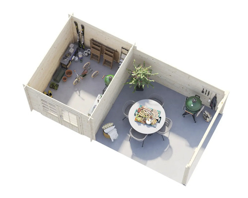 Innenansicht eines Gartenhauses mit zwei Räumen, ausgestattet mit Gartengeräten, Möbeln und Grill