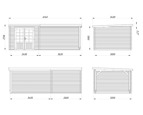 Technische Zeichnung eines Gartenhauses mit Maßangaben