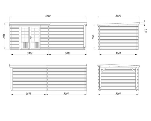 Technische Zeichnung eines Gartenhauses mit Maßen