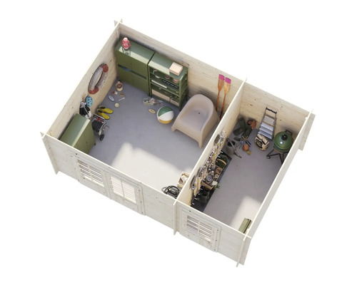 Innenansicht eines Gartenhauses mit Möbeln und Gartengeräten