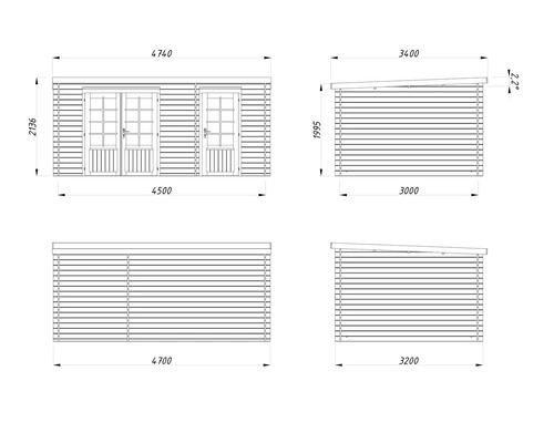 Technische Zeichnung eines Gartenhauses mit Maßangaben