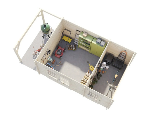 Draufsicht auf ein Holzgartenhaus mit Gartengeräten, Spielzeug und Fahrrädern