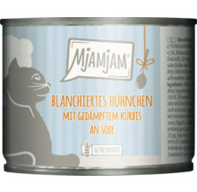 Mjamjam Katzenfutter mit blanchiertem Hühnchen und gedämpftem Kürbis in Dose, getreidefrei.