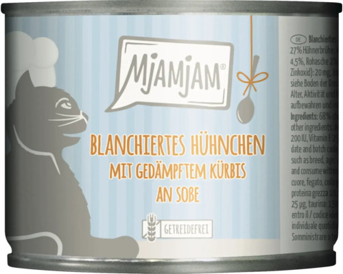 Mjamjam Katzenfutter mit blanchiertem Hühnchen und gedämpftem Kürbis in Dose, getreidefrei.