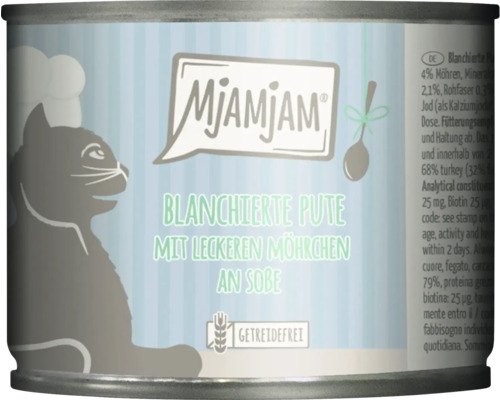 Mjamjam Katzenfutter mit blanchierter Pute und Möhren in Dose