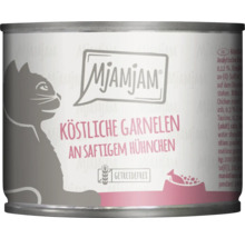 Mjamjam Katzenfutter mit köstlichen Garnelen und saftigem Hühnchen in Dose.