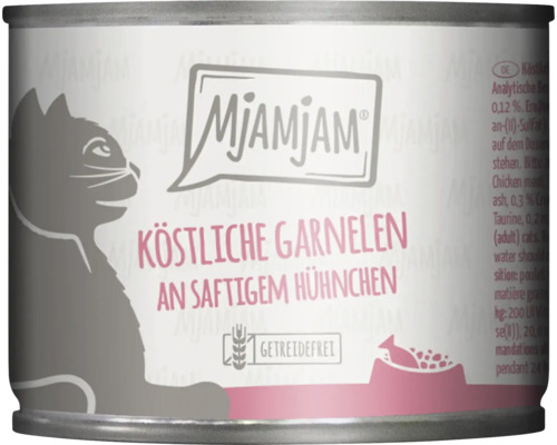 Mjamjam Katzenfutter mit köstlichen Garnelen und saftigem Hühnchen in Dose.