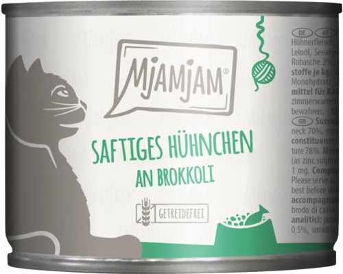 Mjamjam Katzenfutter mit saftigem Hühnchen und Brokkoli in Dose