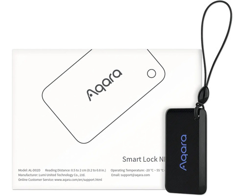 Aqara Smart Lock mit Schlüsselanhänger und Produktinformationen