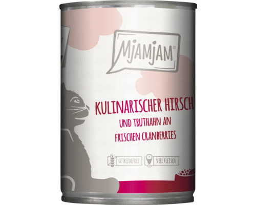 Mjamjam Katzenfutter mit Hirsch und Truthahn an frischen Cranberries in Dose