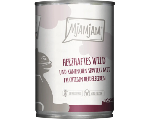Mjamjam Katzenfutter mit Wild und Kaninchen sowie Heidelbeeren