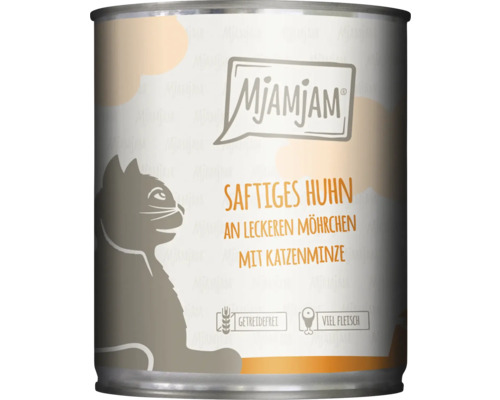 Mjamjam Katzenfutter mit saftigem Huhn, Möhrchen und Katzenminze in einer Dose