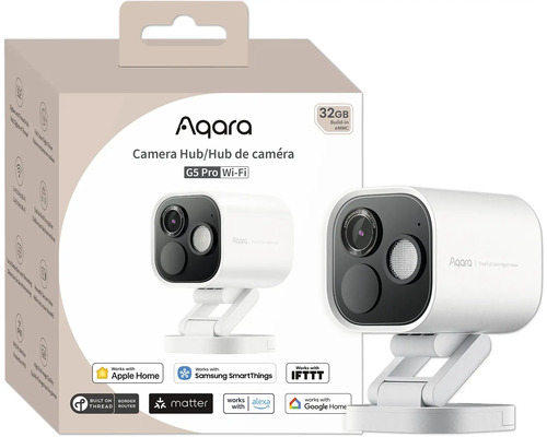 Aqara Kamera Hub G5 Pro Wi-Fi mit Logos von Apple Home, Samsung SmartThings, IFTTT, Built on Thread Border Router, Matter, Alexa und Google Home
