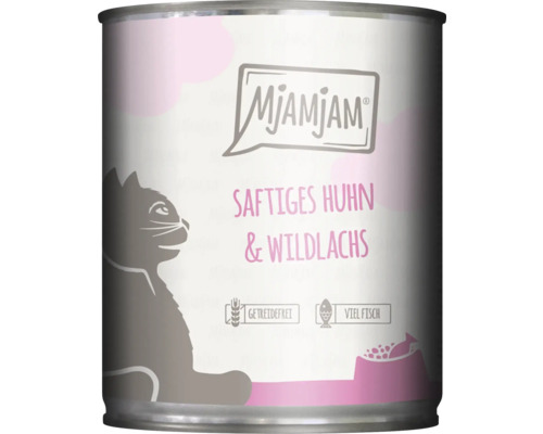 Mjamjam Katzenfutter mit Huhn und Wildlachs im Konservendose. Getreidefrei. Viel Fisch.