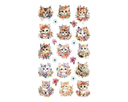 Aufkleberbogen mit Katzenmotiven und Blumenschmuck