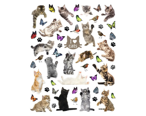 Wandaufkleber mit Katzen, Schmetterlingen, Vögeln und dem Text Ich liebe Katzen