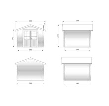 Technische Zeichnung eines Gartenhauses mit Maßen.