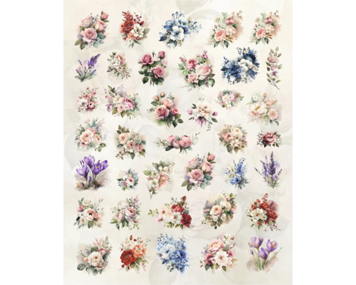 Abbildung verschiedener Blumensträuße mit Rosen, Lavendel und Krokussen.