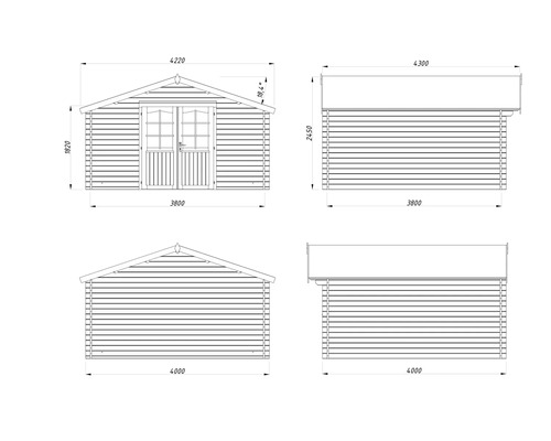 Technische Zeichnung eines Gartenhauses mit Maßangaben.