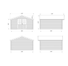 Technische Zeichnung eines Gartenhauses mit Maßen