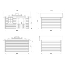 Technische Zeichnung eines Gartenhauses mit Maßangaben.