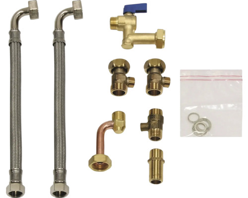 Anschlussgarnitur mit Eckventilen, flexiblen Schläuchen und Dichtungen